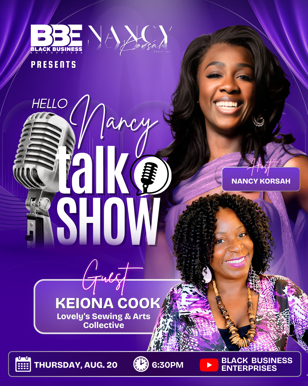 Hello Nancy Talk Show featuring guest Keiona Cook, Lovely's Sewing & Arts Collective — Thursday, August 20, 6:30 PM